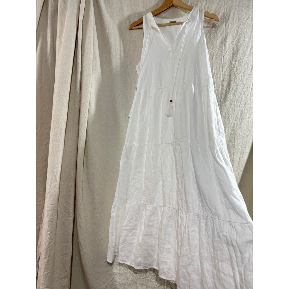 Magaschoni White 100% Linen Sleeveless Tiered Maxi Dress Tassel Tie Small
